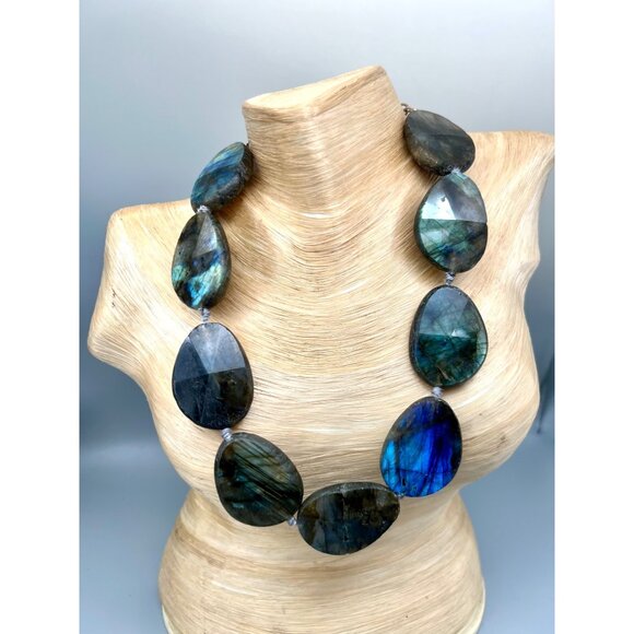 Labradorite Statement Necklace Polished Faceted Madagascar 17-21" Crystals - Picture 4 of 12